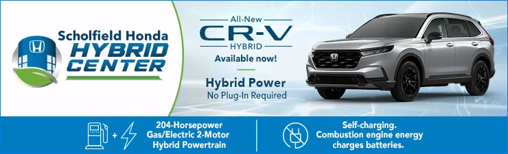 Scholfield Honda Hybrid Center banner featuring the all-new CR-V Hybri